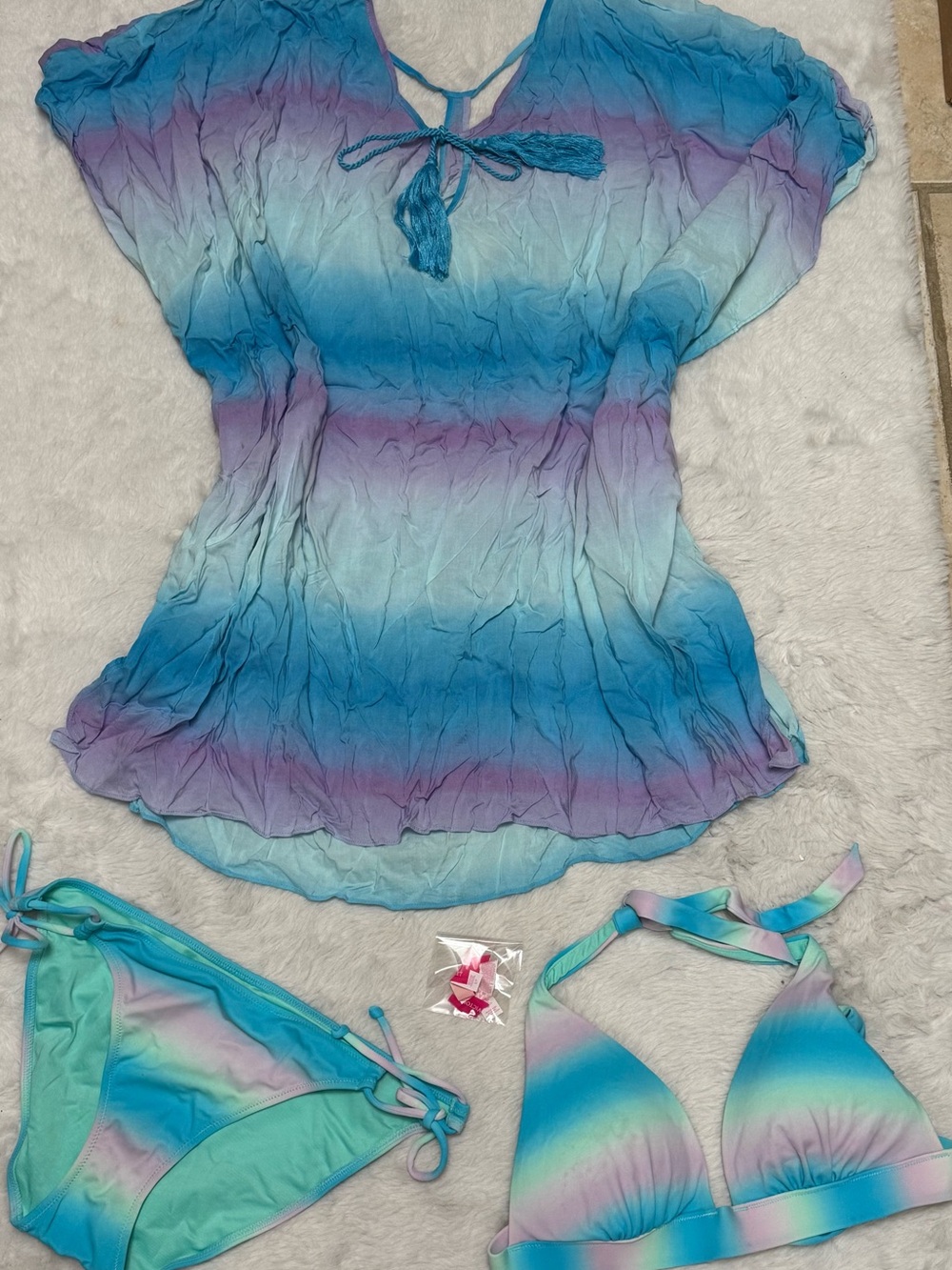 Victoria's Secret Ombre Blue Purple Aqua Bikini Set with Cover-Up